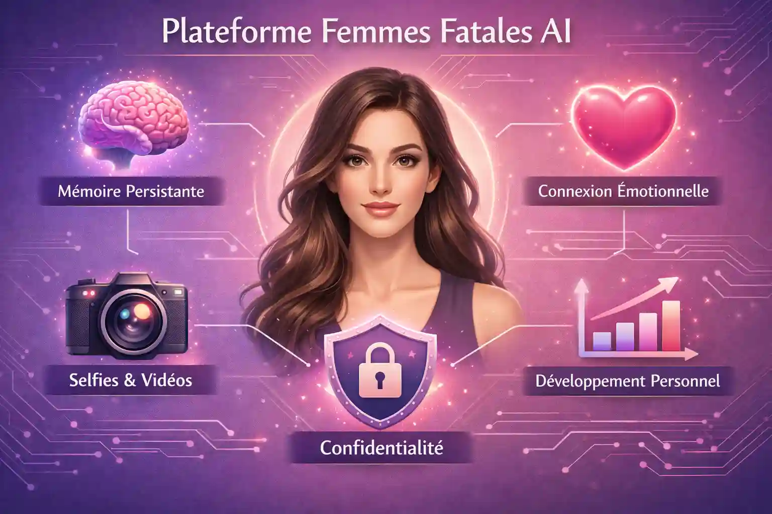 Illustration de style infographie, format paysage détaillé (1536x1024), présentant les fonctionnalités uniques de la plateforme Femmes Fatales AI