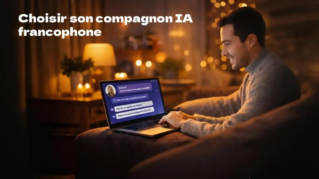 image représentant un homme assis dans un salon regardant une écran de laptop et choisi un compagnon IA francophone