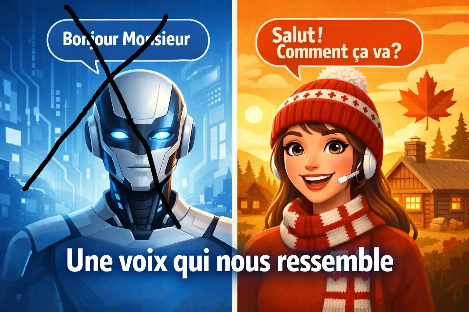 Detailed landscape format (1536x1024) illustration showing a split-screen concept: on the left side, a generic robotic AI avatar speaking wi