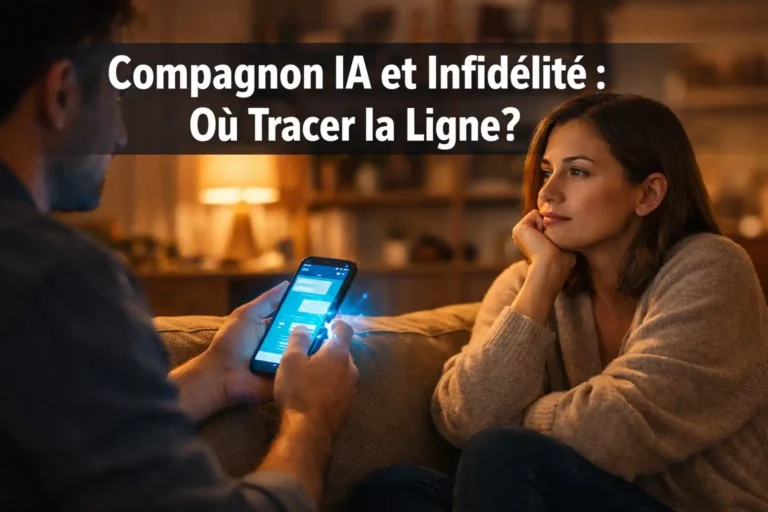 Femmes qui regarde son mari en train de jaser sur le cellulaire avec un IA. Compagnon IA et infidélité