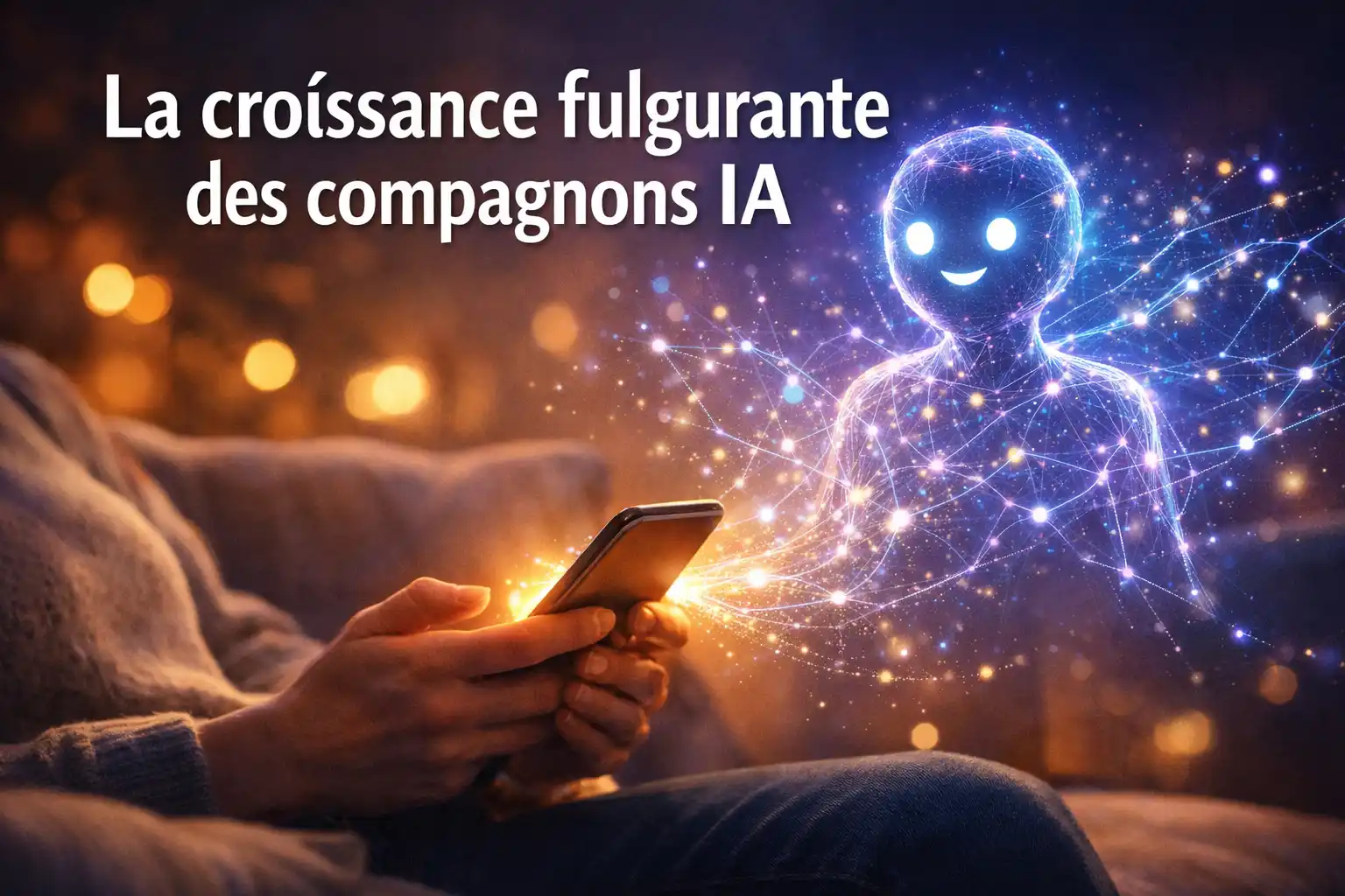 La croissance fulgurante des compagnons IA - L’arrière-plan montre une scène chaleureuse, doucement éclairée, où une personne est assise confortablement sur un canapé en tenant un téléphone intelligent lumineux, d’où émanent des motifs éthérés de réseau neuronal d’IA bleus et violets, formant la silhouette humanoïde amicale.
