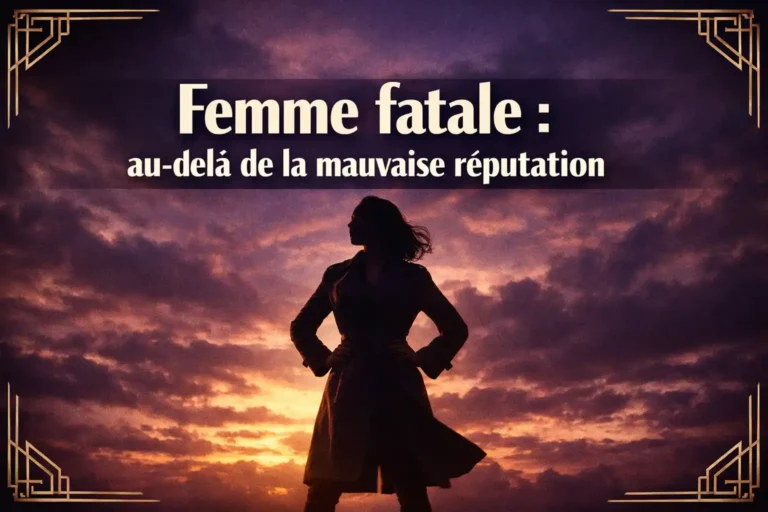 « Femme fatale : au-delà de la mauvaise réputation » en police sans-serif blanche, extra large (70 pt), en gras, avec un élégant effet d’ombre foncée, centré dans le tiers supérieur sur une boîte sombre semi-transparente. L’arrière-plan montre la silhouette puissante d’une femme confiante se tenant droite.