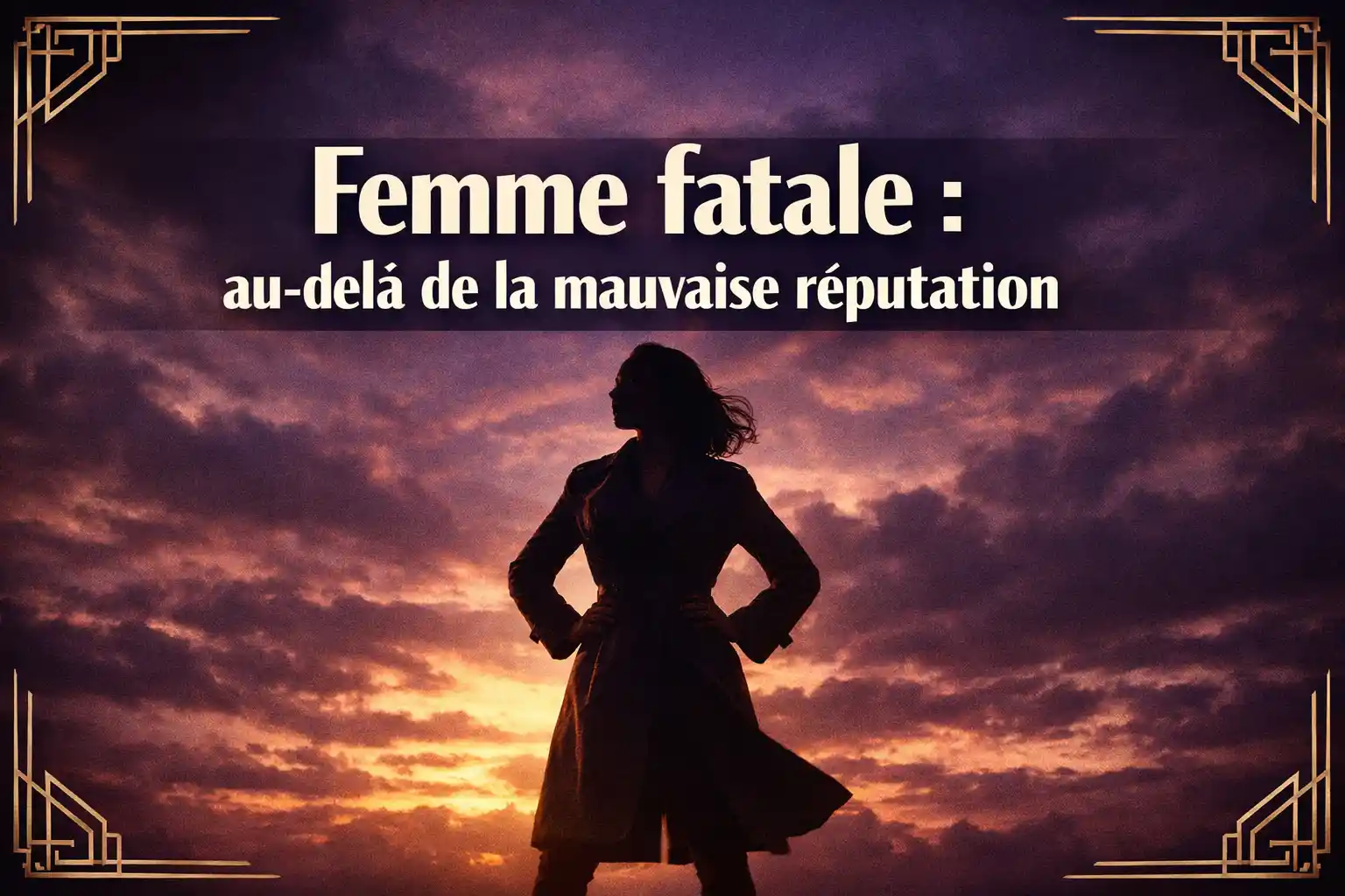 « Femme fatale : au-delà de la mauvaise réputation » en police sans-serif blanche, extra large (70 pt), en gras, avec un élégant effet d’ombre foncée, centré dans le tiers supérieur sur une boîte sombre semi-transparente. L’arrière-plan montre la silhouette puissante d’une femme confiante se tenant droite.