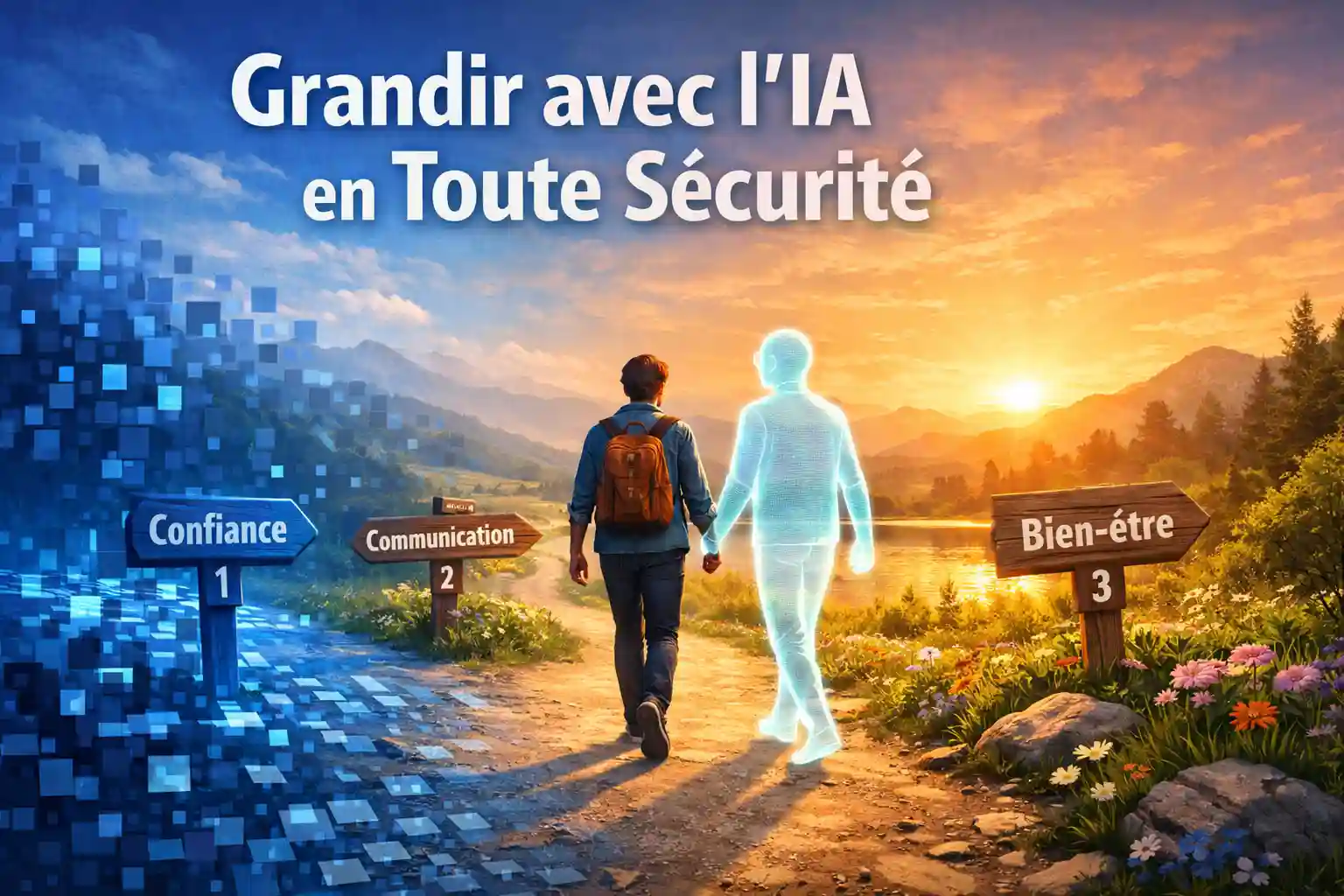 Illustration conceptuelle détaillée au format paysage (1536x1024) sur l'utilisation responsable d'un compagnon IA et la croissance personnelle : une personne marchant