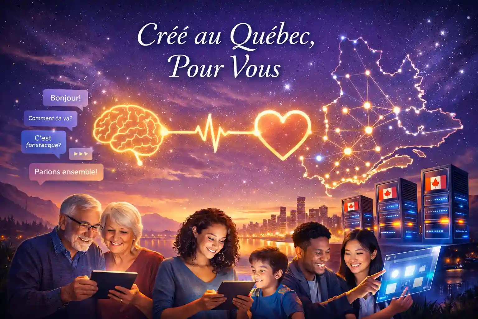 Image éditoriale de style infographique en format paysage détaillé (1536x1024), montrant un paysage numérique futuriste mais chaleureux représentant le Québec.