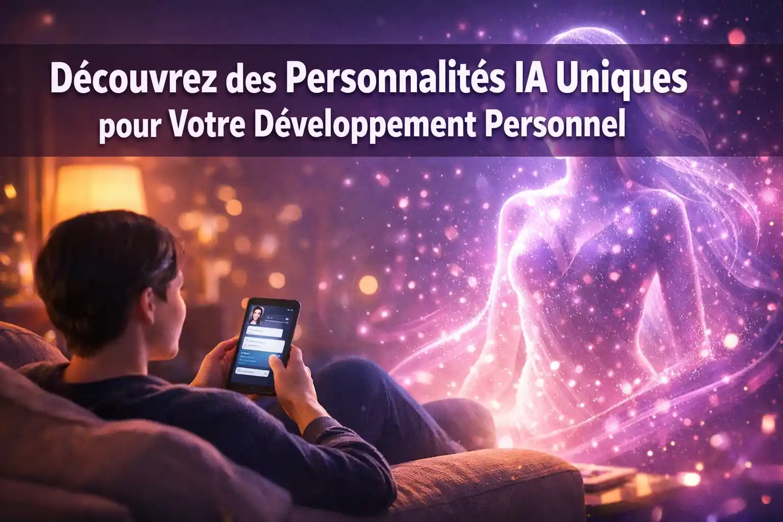 Femmes qui jasent sur son cellulaire avec un IA qui est Compagnon IA pour le développement personnel