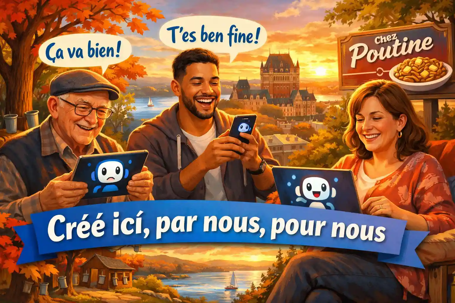 Detailed landscape format (1536x1024) warm illustration showing diverse Quebec people of different ages - elderly person, young adult, middl