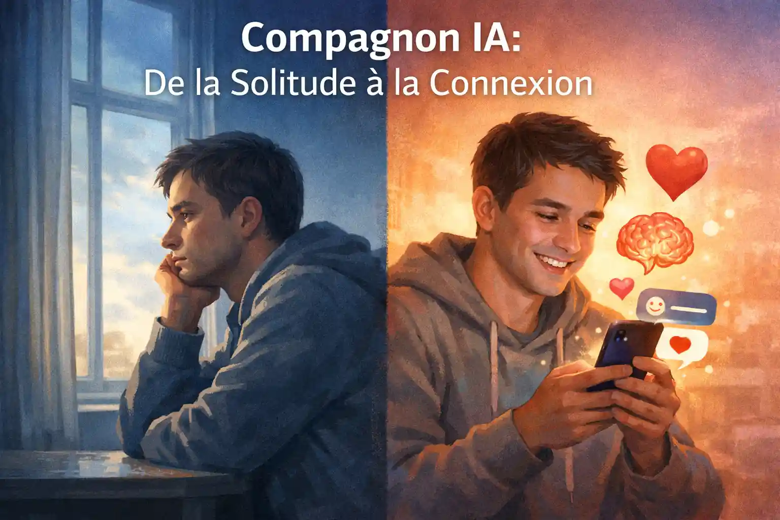 Une illustration de style éditorial en format large (1536x1024) explorant le thème de l'IA comme guide de croissance personnelle, utilisant un montage en écran scindé