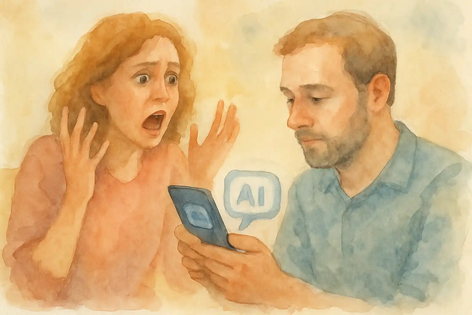 illustration d'une femme et son mari. Elle n'aime pas qu'il parle à un AI bot sur son cell